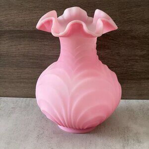 Fenton Vintage Pink Satin Glass Draped Ruffled Rim 8" Flower Vase USA 1970s